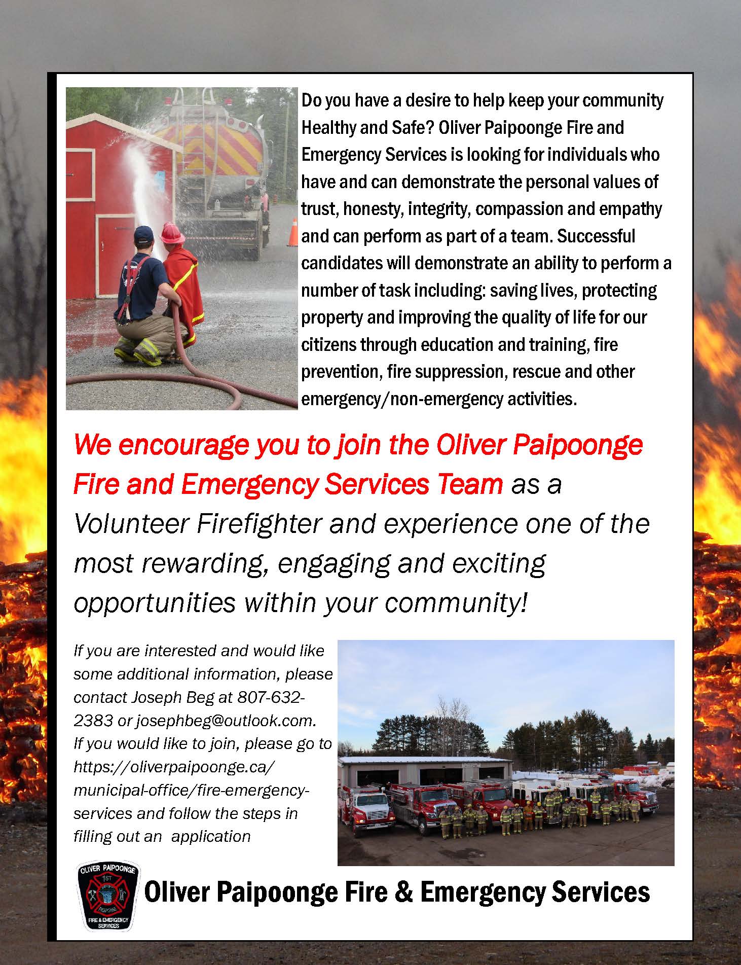 We encourage you to join the Oliver Paipoonge Fire and Emergency Services team